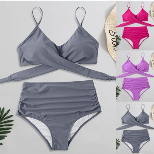 High waist Bikini Sets Womens Summer Sexy Solid Color Split Two-Piece Halter Bikini Swimsuit Lace Up Two Pieces Swimwear