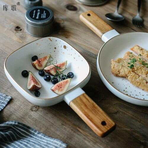 Creative ceramic wooden handle bowl Nordic painted wooden handle salad bowl Household Ceramic Tableware Japanese Noodle Bowl