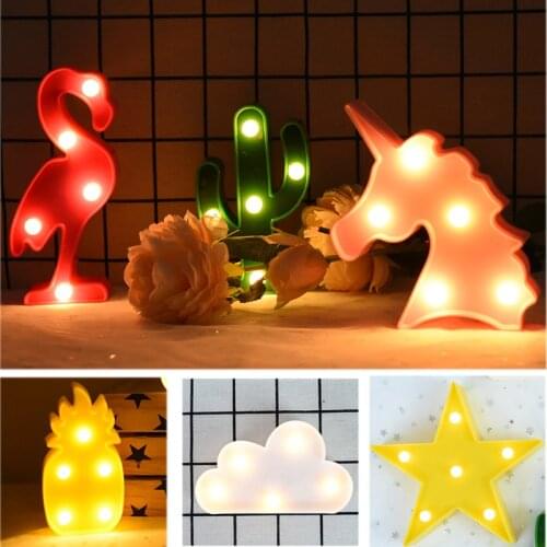 Cute Unicorn Kids LED Night Light Flamingo Star Pineapple Cactus Hawaii Party Gift Bedroom Wall Lamp Decoration Gift