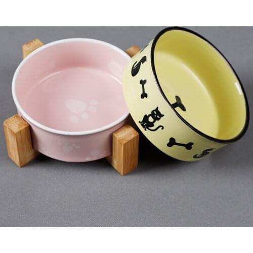 Ceramic Feeding And Drinking Bowls Combination With Bamboo Frame For Dogs Cats Water Drink Dishes Feeder Pet Daily Necessities