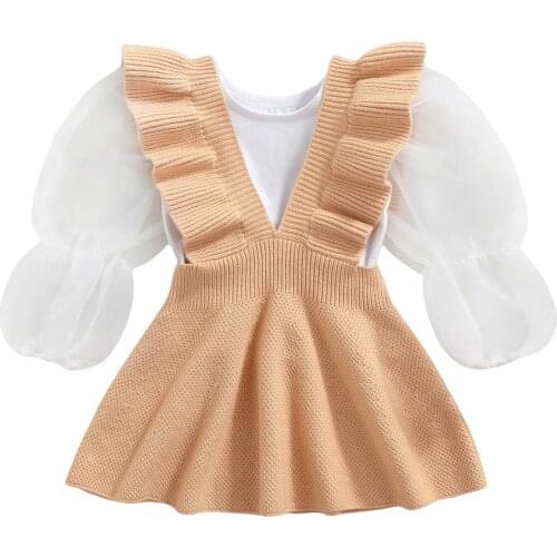 2021 1-7Y Fashion Kids Baby Girl Clothes Set Mesh Puff Long Sleeve White Blouse+Solid Knitted Suspender Skirt Fall Toddler 2pcs