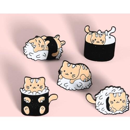 Fashion Creative Cat Shape Metal Enamel Brooch Cartoon Cute Sushi Badge Trendy Simple Lapel Backpack Jewelry Accessories Gift