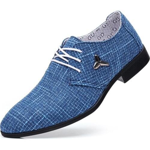 Men Classic Business Shoes Man Dress Shoes Fashion Korea Pointed Toe Lace-Up Formal Wedding Shoes Men Blue Hemp 2021 New