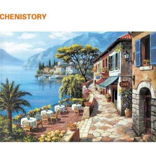 CHENISTORY Seaside Coffee Shop Landscape DIY Painting By Numbers Modern Wall Art Home Decor HandPainted Oil Painting Unique Gift