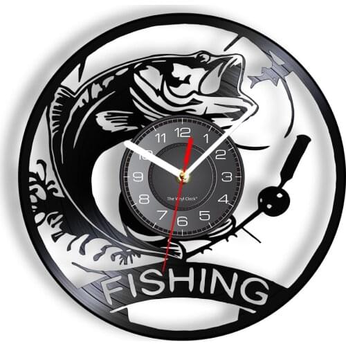 Bass Fishing Vinyl Record Wall Clock Fisherman Vintage Home Decor Jumping Trout Wall Art Mavecave Silent Non Ticking Clock Watch