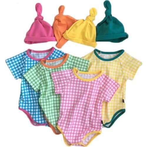 New Arrival Summer Newborn Baby Plaid Bodysuits With Hats Infants Girl Clothes Toddlers Sunsuit Cute Kids Boys Jumpsuits 0-24M
