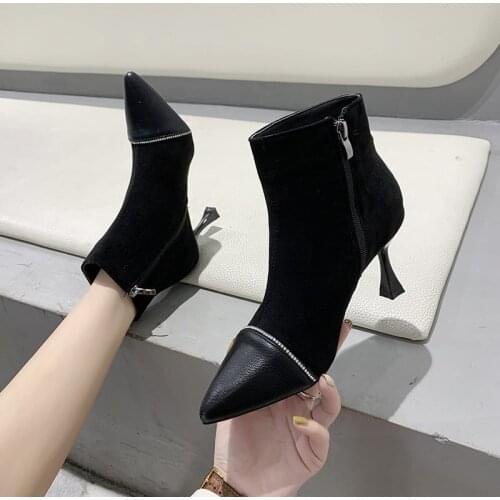 Autumn Winter New Ankle Boots Thin Boots Martin Boots Female Pointed High Heels Stiletto Pumps Rhinestone Stitching Leather Boot