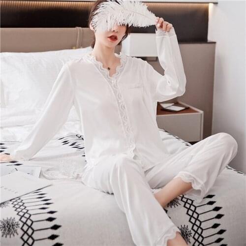 2PCS Pajamas Suit Women Loose Sleepwear Casual Intimate Lingerie Spring New Long Sleeve Sleep Set V-Neck Lace Trim Home Clothing