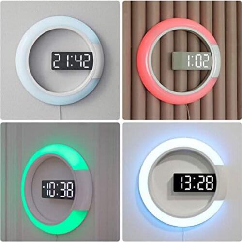 7 Colors Modern LED Digital Watch Alarm Clock Mirror Hollow Wall Clock Temperature Nightlight For Home Living Room Decorations