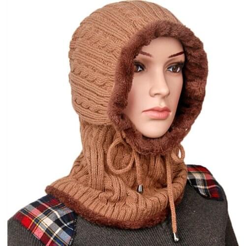 Unisex Winter Beanies Men And Women Plus Velvet Super Thicken Warm Knitted Woolen Hat Windproof Collar Ear Hooded Couple Hats