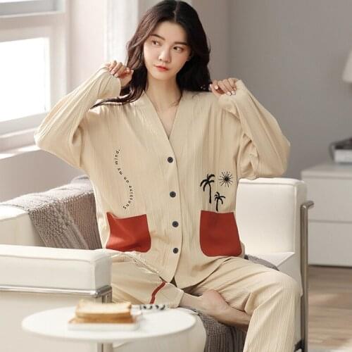 Spring / Autumn Cotton Long-sleeved Trousers Women Pajamas Suit Simple Style Long pajamas Plius Size Womens Home Service 3XL
