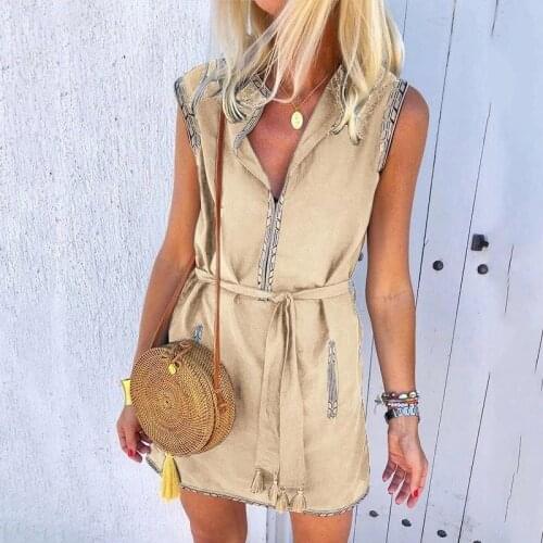 Womens Summer Sleeveless Dress Mini Dress With Sashes Female V Neck Lace Casual Beach Tassel Dresses