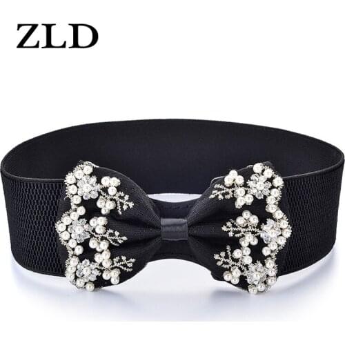 ZLD New fashion belts for women Imitation pearl embroidery bow elastic Decorative dress casual Wide girdle correas para mujer