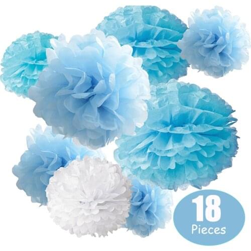 18 pcs per Set Tissue Hanging Paper Pom-poms Flower Ball Wedding Party Outdoor Decoration Premium Tissue Paper Pom Pom Flowers