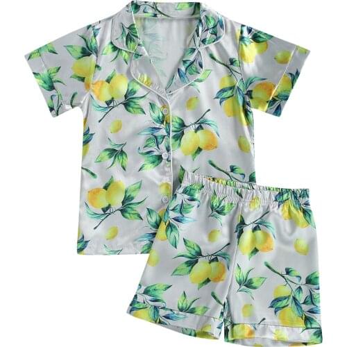 2021 New Summer 2-6Y Baby Girl Boy Pajama 2Pcs Set Lemon Print Single Breasted Lapel Collar Short Sleeve Top+Shorts Clothes