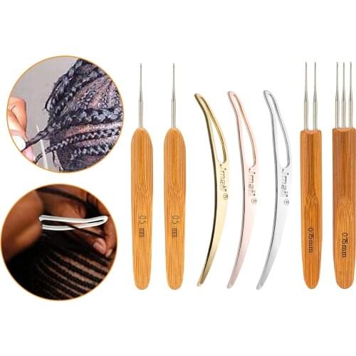 7Pcs/Set Profeesional Dreadlock Crochet Bamboo Handle Hook 0.5mm 0.75mm 1-Hook 2-Hooks 3-Hooks Needle For Dreads Lock Needle
