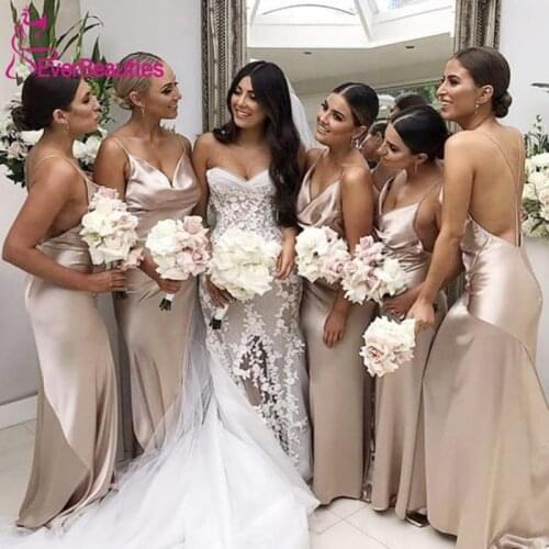 Satin Long Bridesmaid Dresses 2020 Spaghetti Straps Maid of Honors Dress For Wedding Party V-Neck Robe De Soirée De Mariage