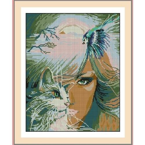 FREE Shipping Top Quality popular counted cross stitch cat girl, kitty girl cross stitch set