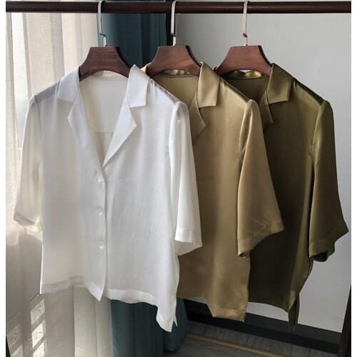Elfbop Ladies Silk 100% Notched Collar Short Sleeve Blouse Top - Pearl White/Champagne/Olive Green Tops