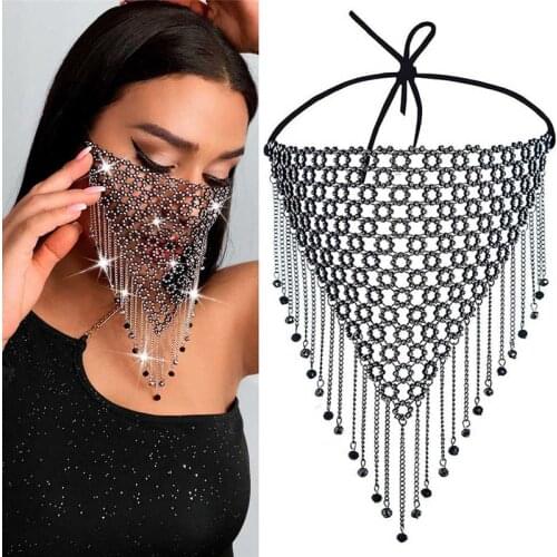 Crystal Mask Jewelry Rhinestone Mouth Cover Sexy Women Party Wedding Dancing Face Masks Fashion Masquerade Net Tassle Shining