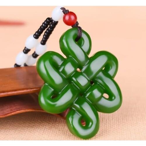 Chinese Green jade knot Hollow-out Pendant Necklace Charm Jewellery Fashion Accessories Hand-Carved woman Luck Amulet