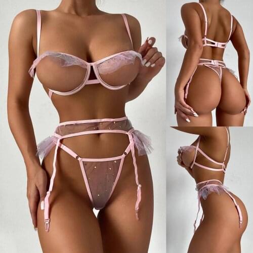 Sexy fashion perspective feather decoration underwear Colorful Printed Star Moon Embroidery Thong Garter Belt Underwear Set