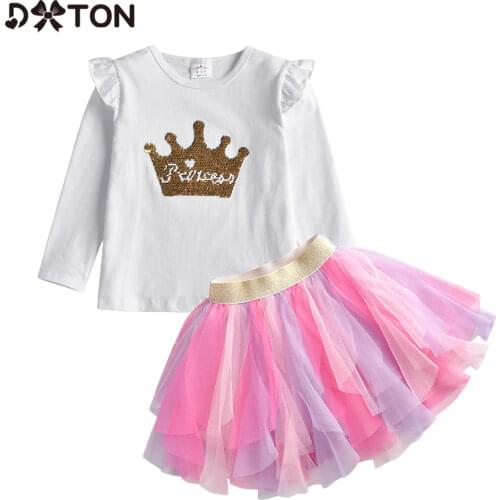 DXTON 2pcs Girls Clothing Sets Long Sleeve T-shirts and 5 layers Skirt Spring Autumn Outfits Suits Cotton Toddler Casual Clothes