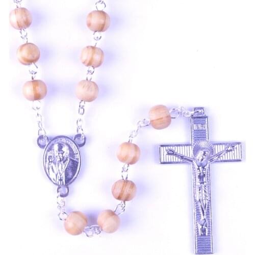 Fashion Religious Round 8 MM Wood Beads Pope Chain Catholic Rosary Necklace