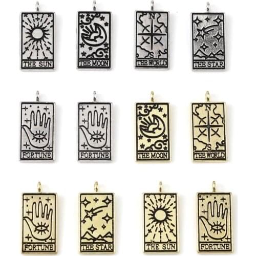 DoreenBox Tarot Charms Rectangle Black Enamle Rectangular Pendants Handmade Jewelry for Man Women Jewelry , 26mm x 13mm, 5 PCs