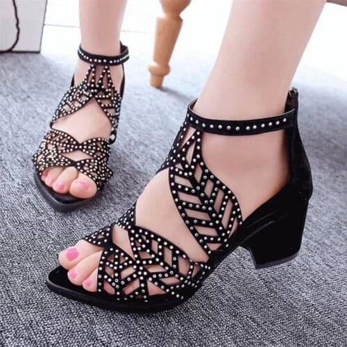 New Women Sandals Fashion Elegant Party Shoes Zip Mid Square Cover Heel Platform Summer Sandals Women Sequined Shoes