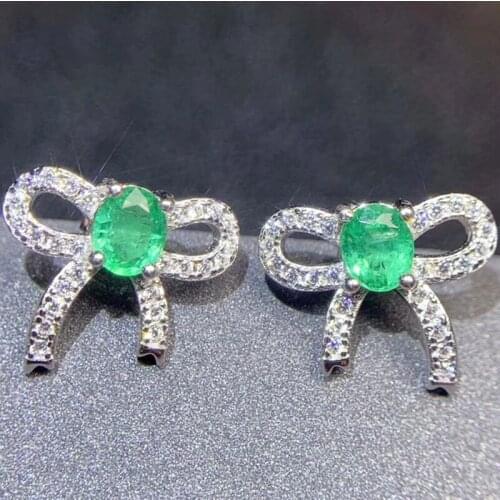 Natural real emerald stud earring Free shipping Bowknot style 925 sterling silver Fine jewelry 0.25ct*2pcs gemstone #S99268