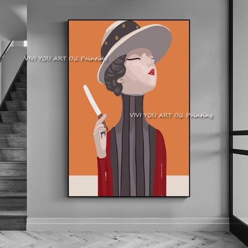 Nordic Abstract Girls Canvas Art Posters 10% Handmade Orange Cartoon Woman Oil Paintings for Living Room Aisle Wall Pictures