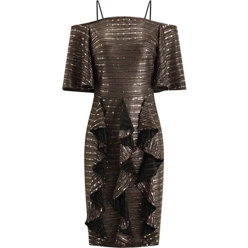 PERHAPS U Women Gold Strapless Spaghetti Strap Short Sleeve Sequined Ruffle Mini Dress Summer High Street D2501