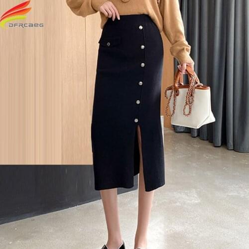 High Waist Knit Skirt Slit Buttons New 2020 Autumn Winter Big Stretch Black Or Gray Knitted Skirts Womens Maxi Skirt Woman