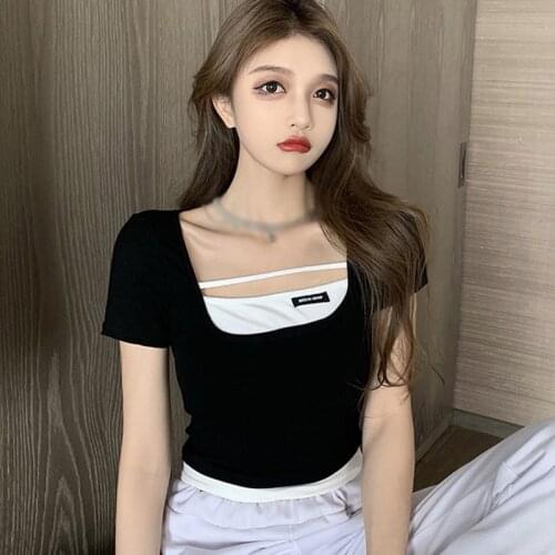 Summer Top Womens Fashion Patchwork Square Neck Slim Exposed Navel Knitted Short Sleeve T-Shirt