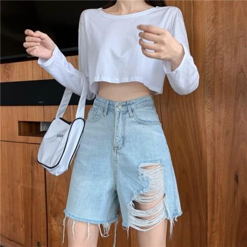 Ladies Blue Denim Half Pants Washed High Waist Street Ripped Jeans Summer Clothing WomenS Wide Leg Pocket Denim Shorts
