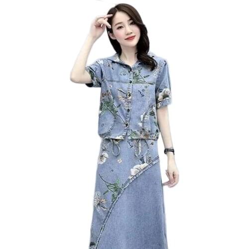 2021 Women Denim Dress Two-Piece Suit Summer Plus Size Print Denim Dress New Long Skirt Suits Short Sleeve Hooded Denim Jacket