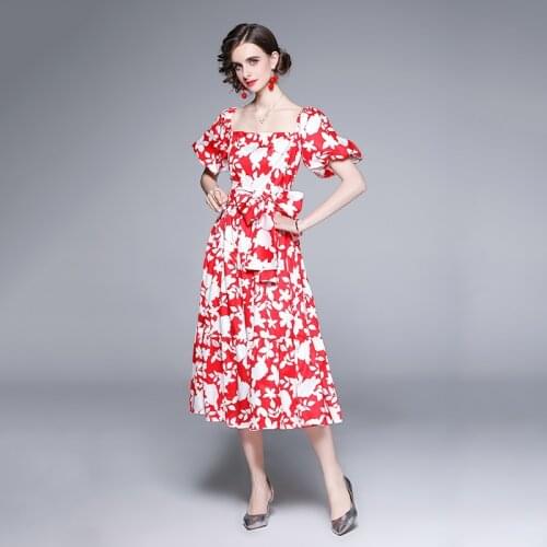 High Quality New Summer Runway Dress 2021 Women Square Collar Puff Sleeve Floral Print Vintage Party Vestidos Robe k1136