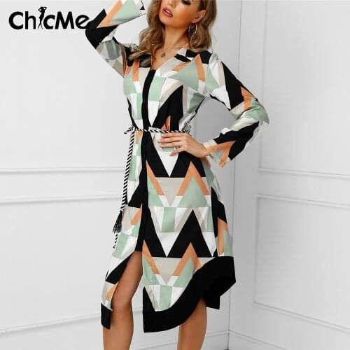 Chicme Fashion Colorblocked Geo Print Long Sleeve Asymmetrical Shirt Dress Holiday Midi Casual Party Women Dresses With Belt