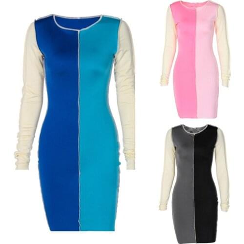 Women Long Sleeve O-Neck Bodycon Mini Dress Color Block Patchwork Velvet Sexy High Waist Package Hip Stretch Clubwear