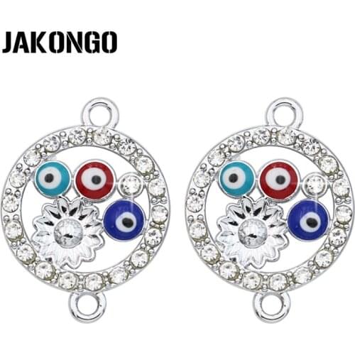 JAKONGO Silver Plated Crystal Evil Eye Flower Connector for Jewelry Making Bracelet Findings DIY Accessories 23x17mm 5pcs