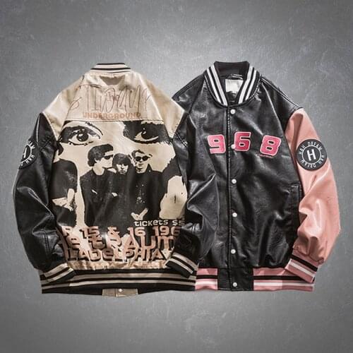 High Street Vintage Pattern Print Letter Embroid Motorcycle PU Leather Jacket Men Harajuku Casual Patchwork Baseball Coat Unisex