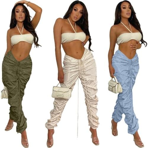 Cutubly Lace Up Trousers For Women Jogger Pants Solid Casual Club Streetwear Pleated Stacked Elastic Waist Clothing Female S-XXL