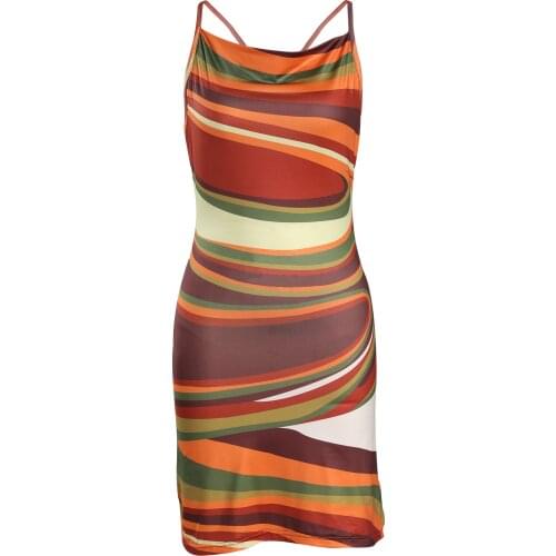 Y2k Fashion Women Color Block Sheath Dress Adults Stripe Print Boat Neck Cross Spaghetti Strap Slit