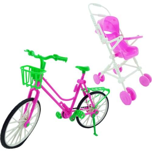 Set Sale Doll Furniture 1x Bike + 1x Baby Trolley Outdoor Play Accessories for Barbie Doll Sister Kelly Doll Kids Play House Toy