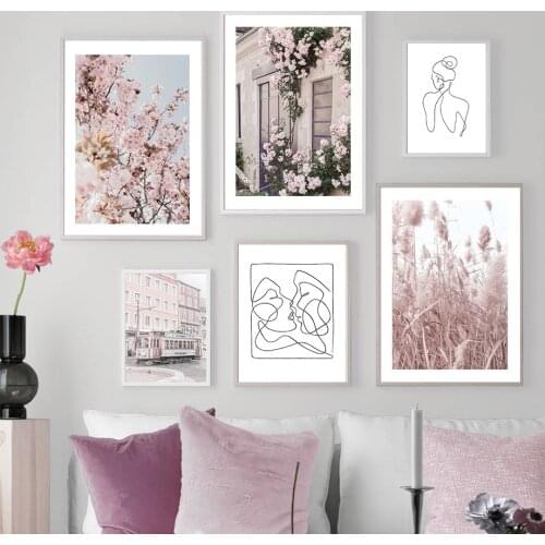 Pink Bus Cherry Blossom Rose Reed Line Wall Art Canvas Painting Nordic Posters And Prints Wall Pictures For Living Room Decor