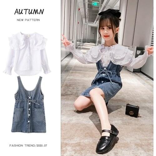 Girl Clothes Outfits Fashion Sweet Short Sleeve Tops + Denim Suspender Mini Skirt Spring Fall 2Pieces Sets Girls Casual Clothing