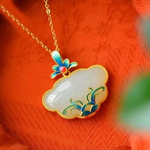 Orchid Grass Super Fairy Retro Enamel Hetian Jade Xiangyun Longevity Lock Pendant S925 Sterling Silver Necklace Female Ethnic St