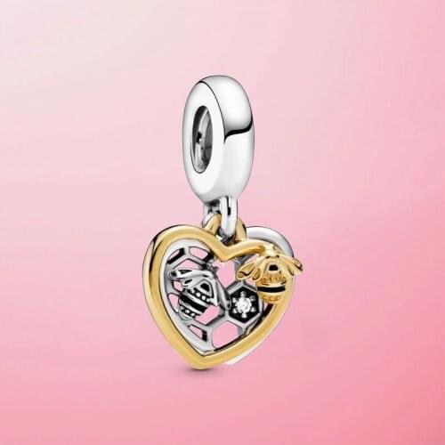 Original s925 Sterling Silver Hearts & Bees Dangle Charm Beads Fit Pandola Bracelet 2021 Women Fashion DIY fine Jewelry Gift hot