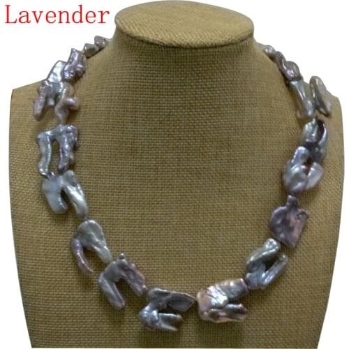 17 inches 20-40mm Natural Lavender Thick Hook Shaped Baroque Biwa Pearl Necklace
